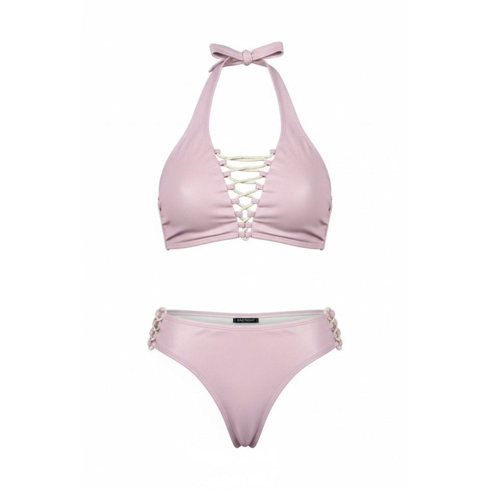 Midnight Hour Lace-Up Halter Bikini Set Blush Pink Goth Alt Swimwear